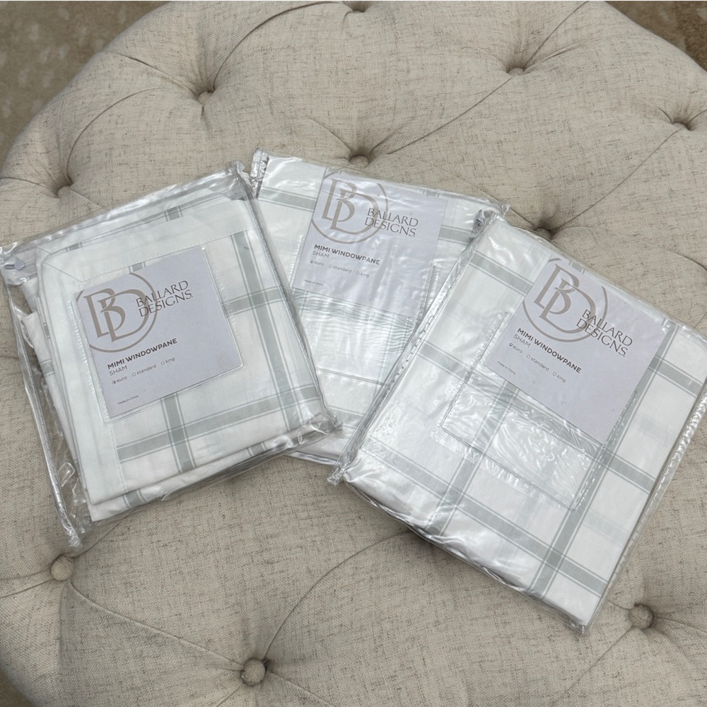 Ballard Designs Cream & Light Green Mini Windowpane Pillow Covers - Set of 3